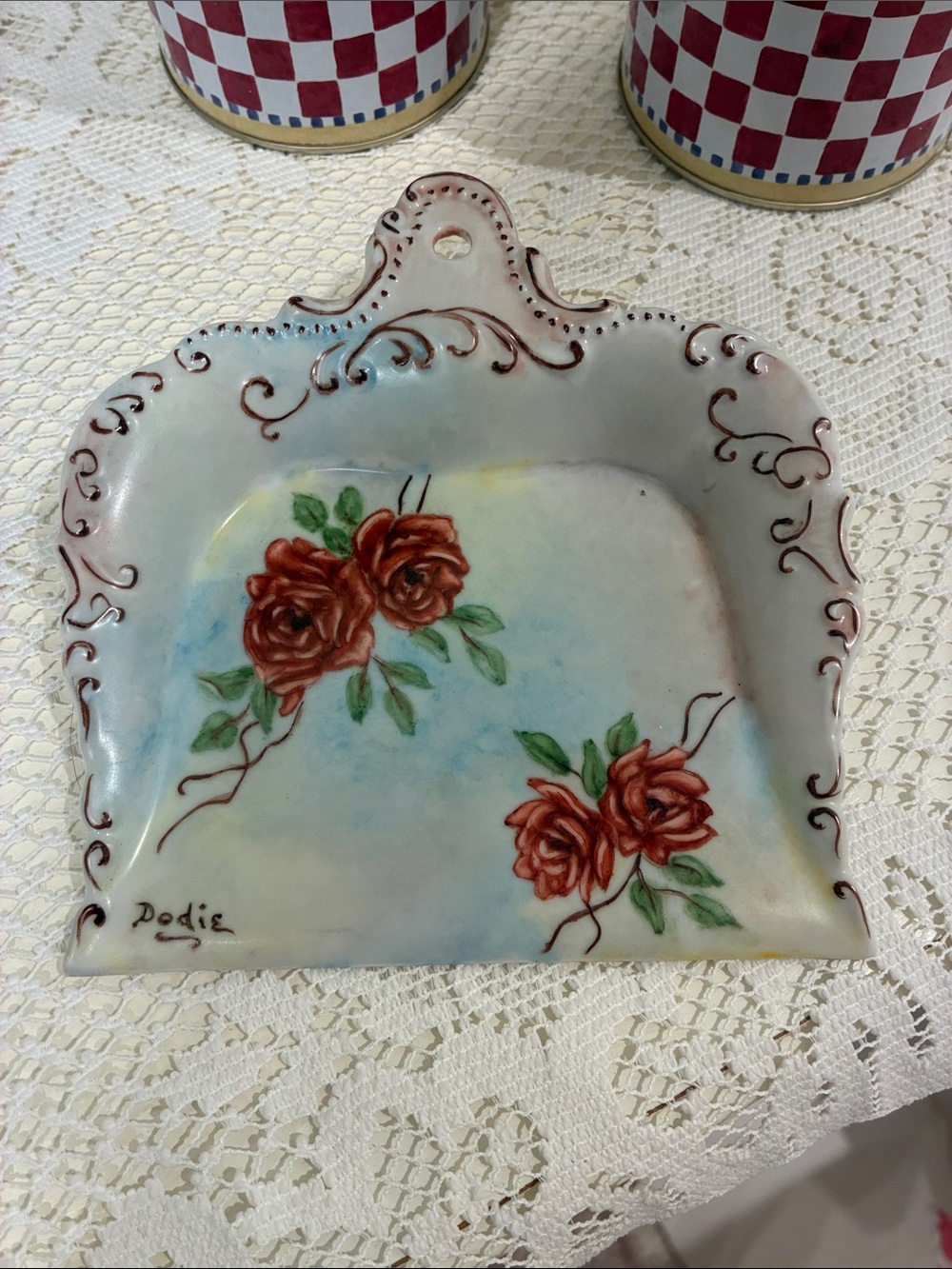 Antique Floral Porcelain Silent Butler Crumb Tray to Hang on Wall